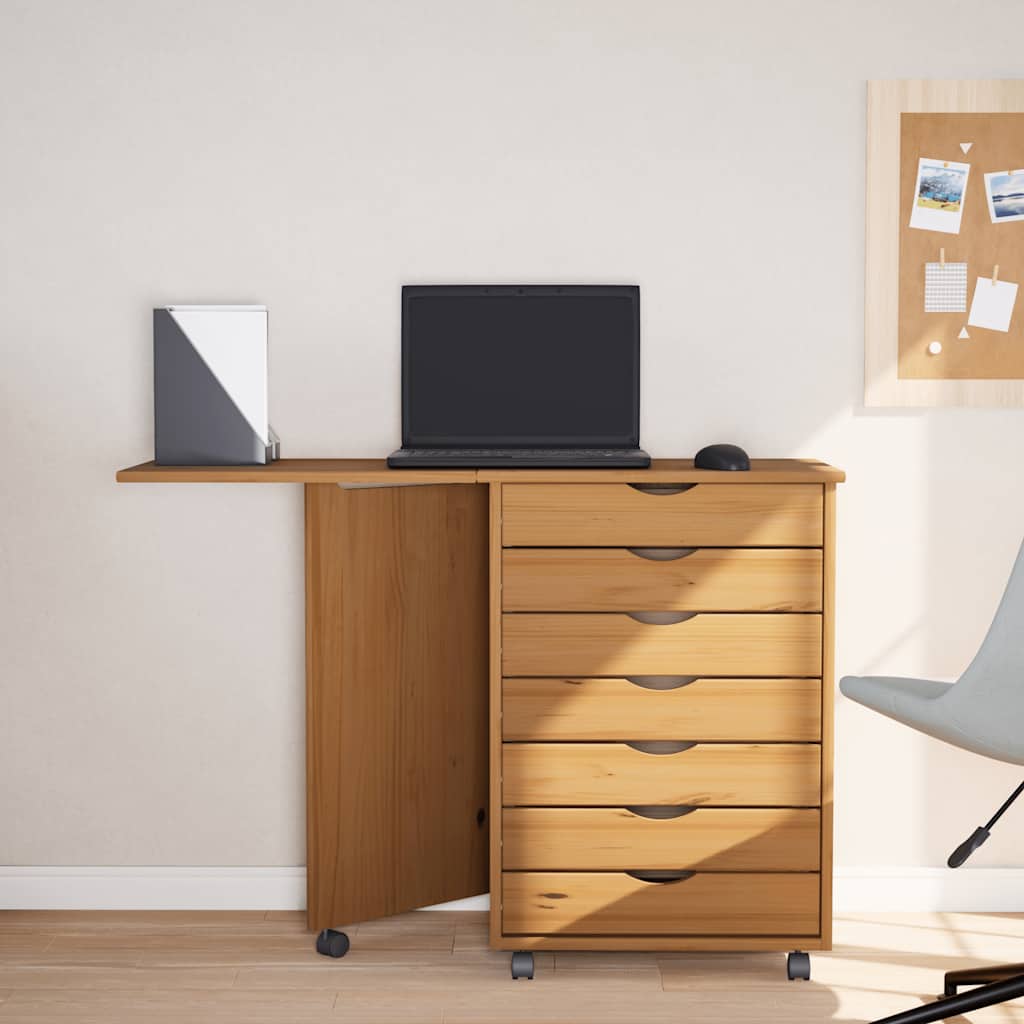 Rolling Cabinet with Desk MOSS Honey Brown Solid Wood Pine