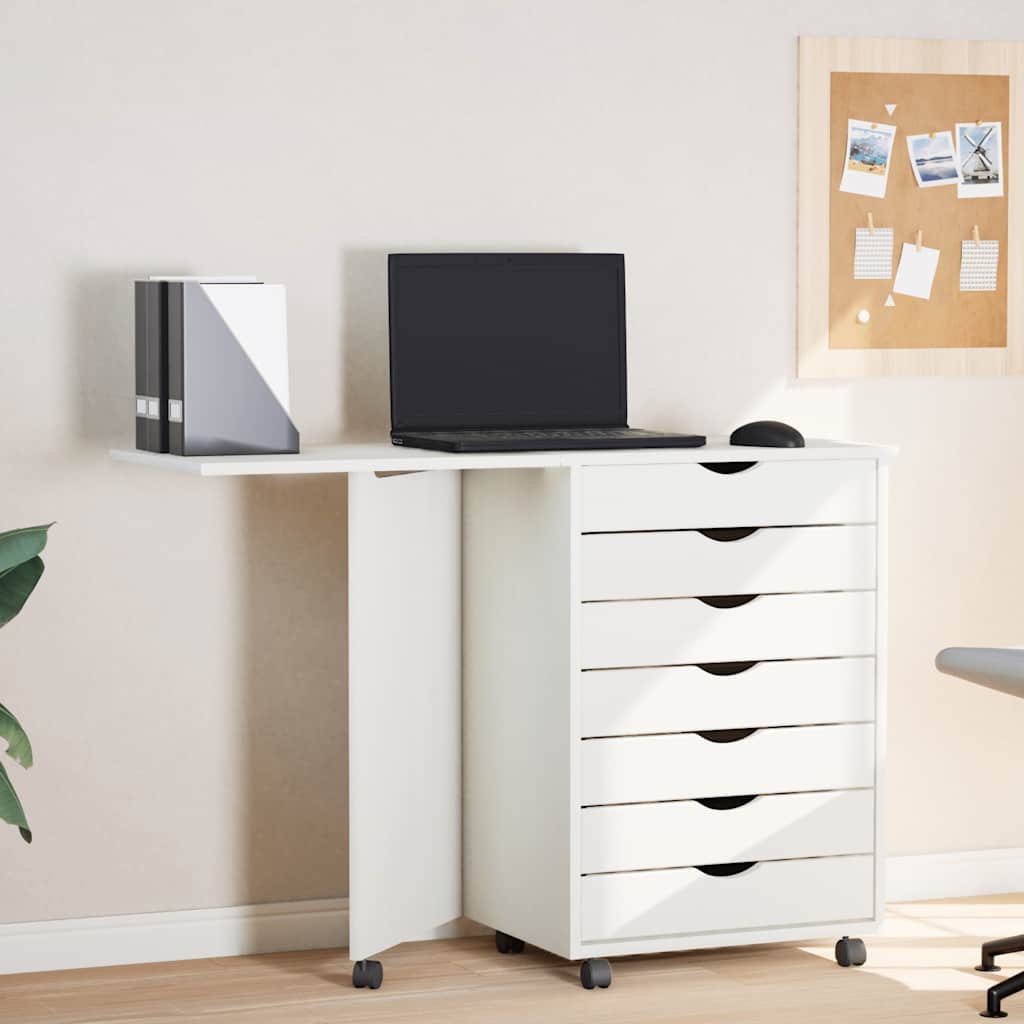 Rolling Cabinet with Desk MOSS White Solid Wood Pine