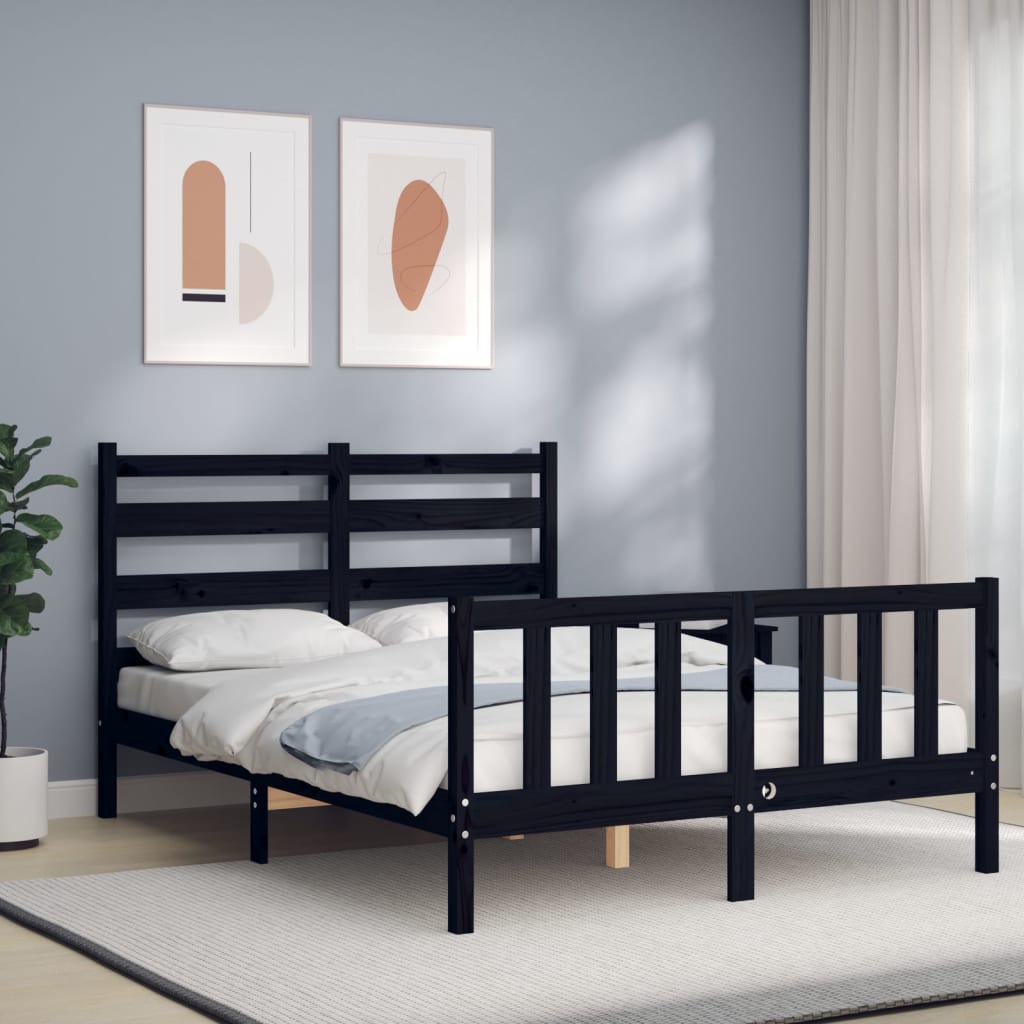 Bed Frame without Mattress Black Double Solid Wood Pine