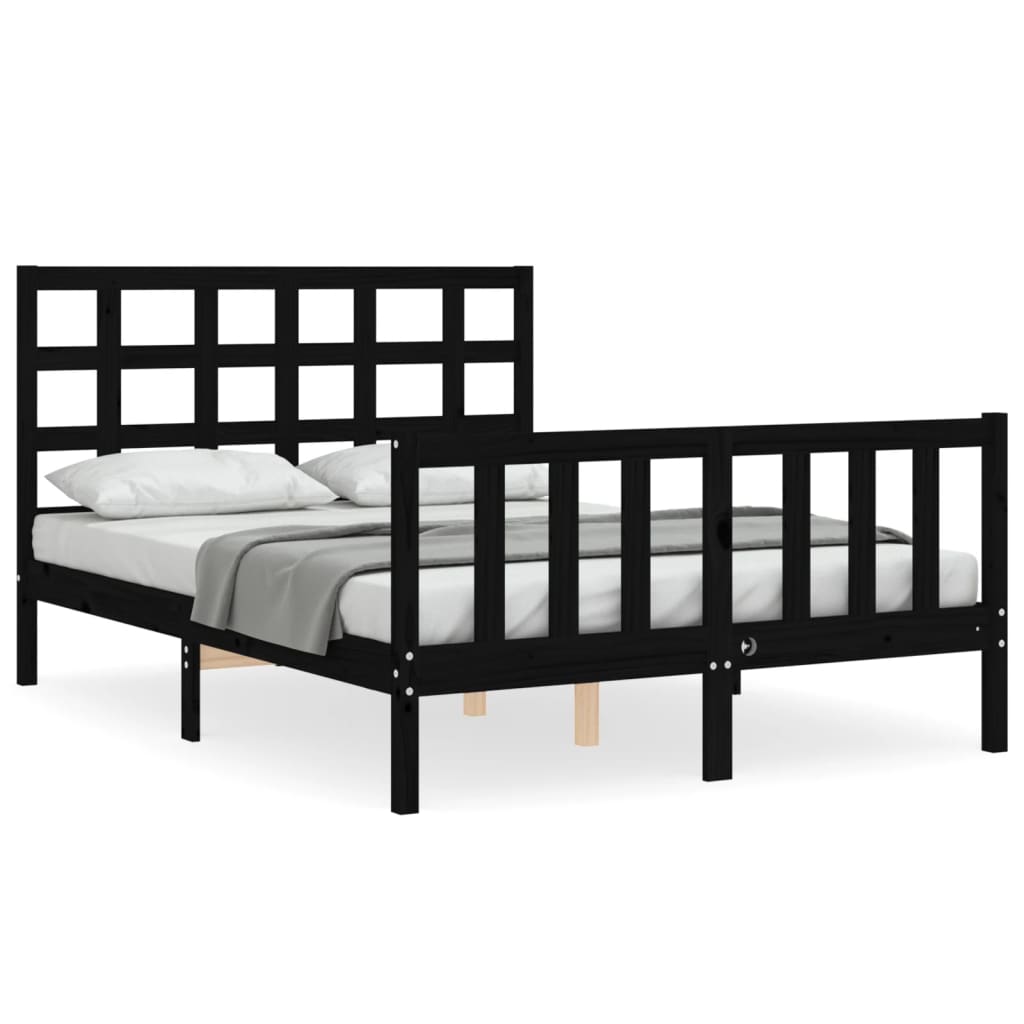 Bed Frame without Mattress Black Double Solid Wood Pine