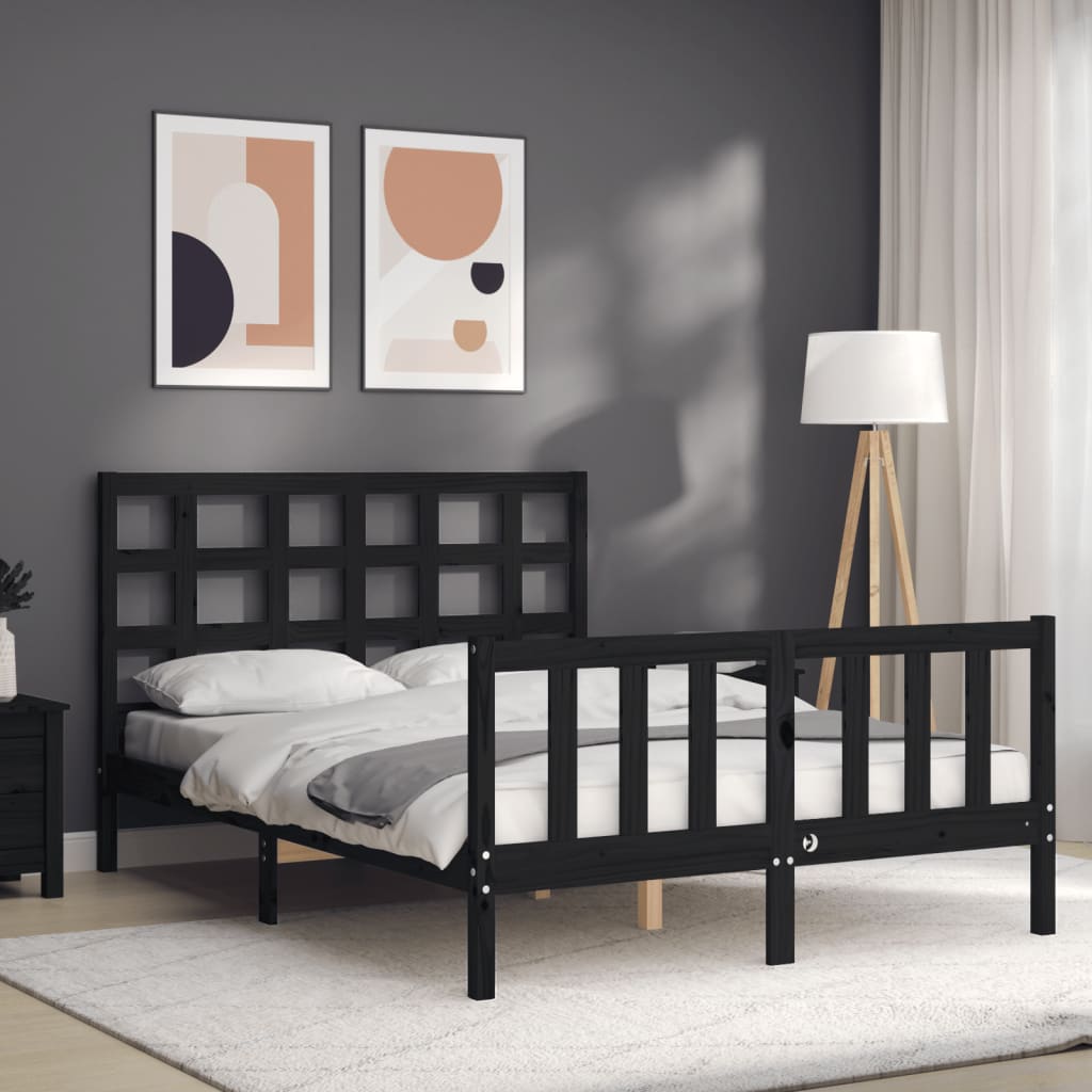 Bed Frame without Mattress Black Double Solid Wood Pine