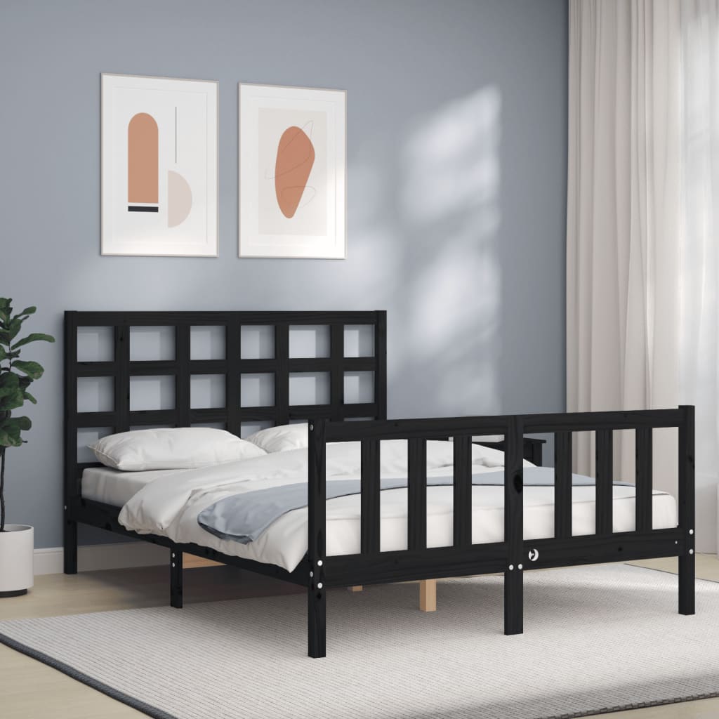 Bed Frame without Mattress Black Double Solid Wood Pine