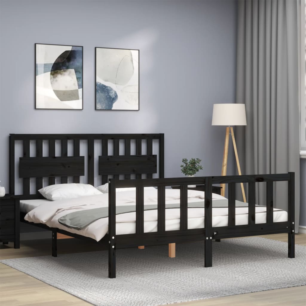 Bed Frame without Mattress Black King Size Solid Wood Pine