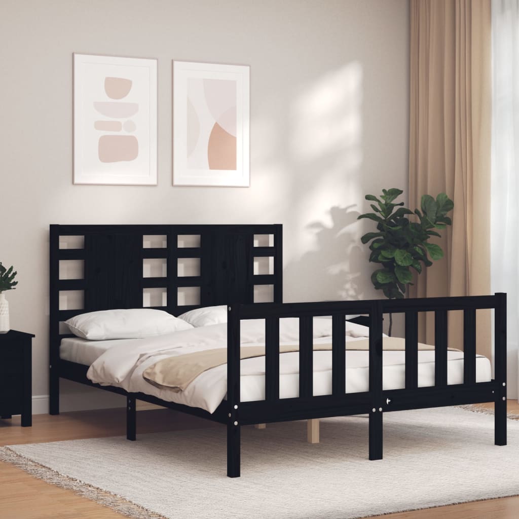 Bed Frame without Mattress Black Double Solid Wood Pine