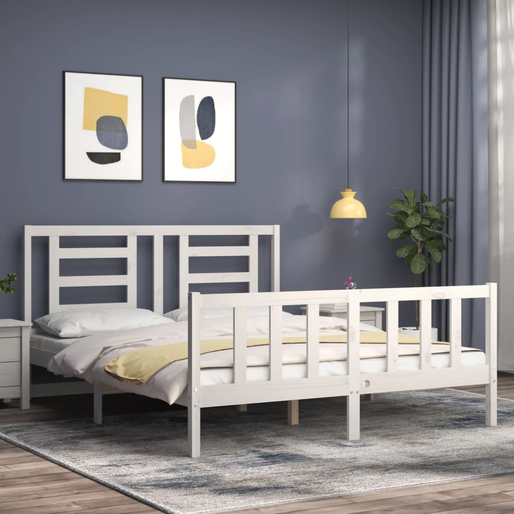 Bed Frame without Mattress White King Size Solid Wood Pine
