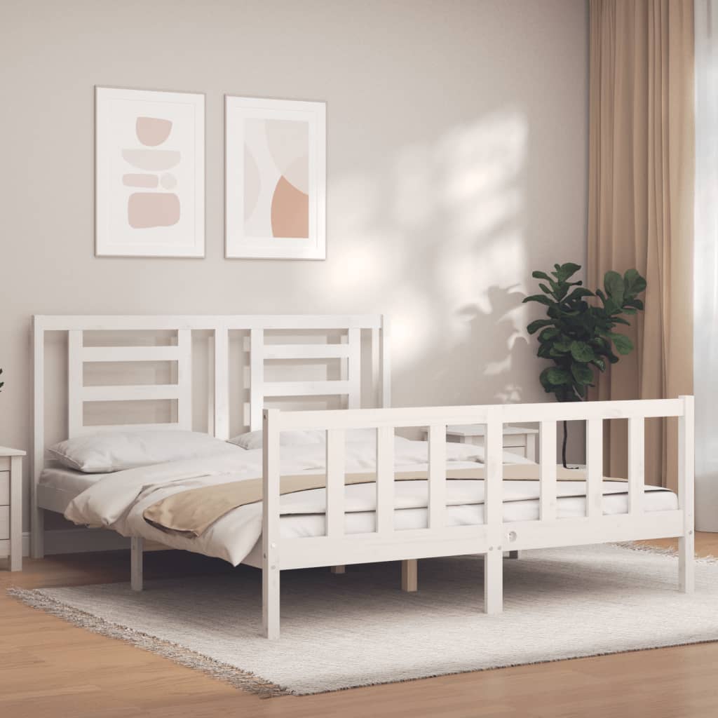 Bed Frame without Mattress White King Size Solid Wood Pine