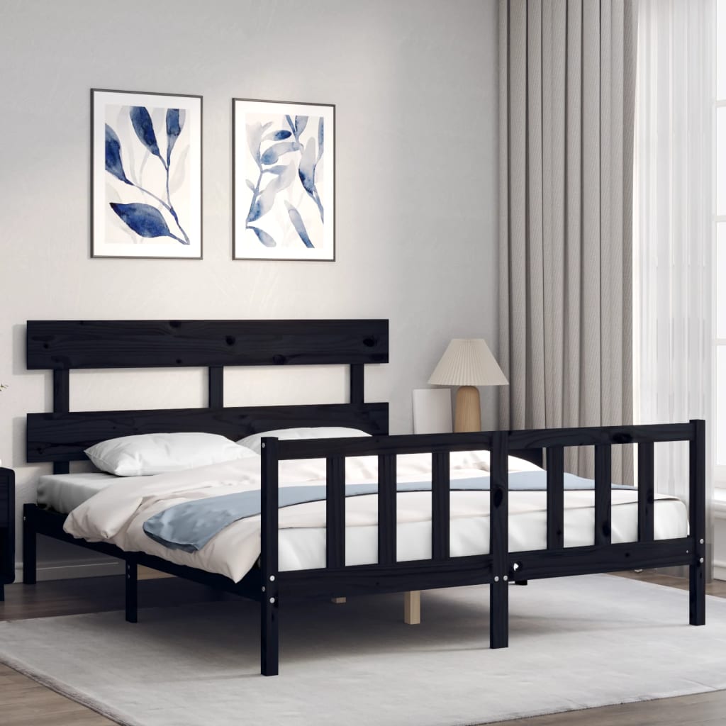 Bed Frame without Mattress Black King Size Solid Wood Pine