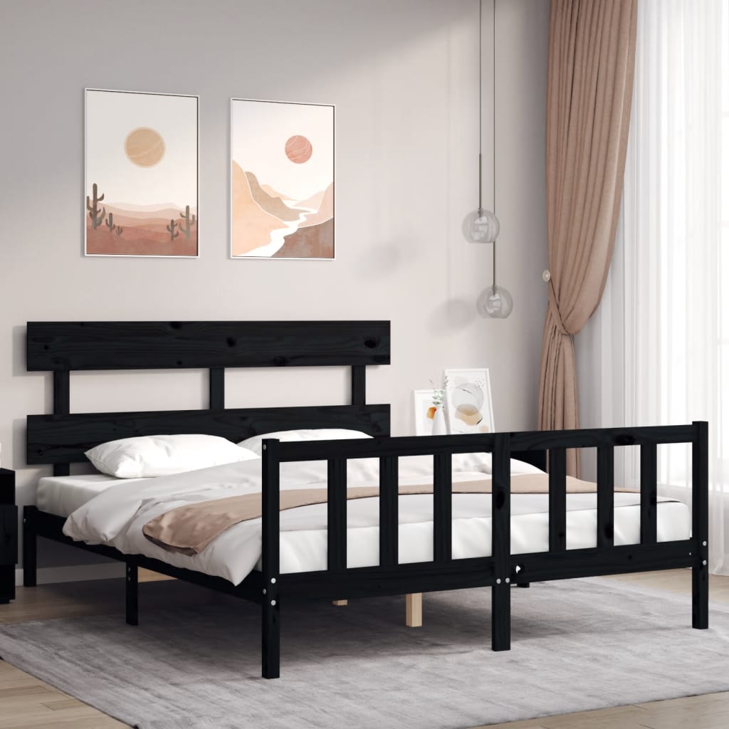 Bed Frame without Mattress Black King Size Solid Wood Pine