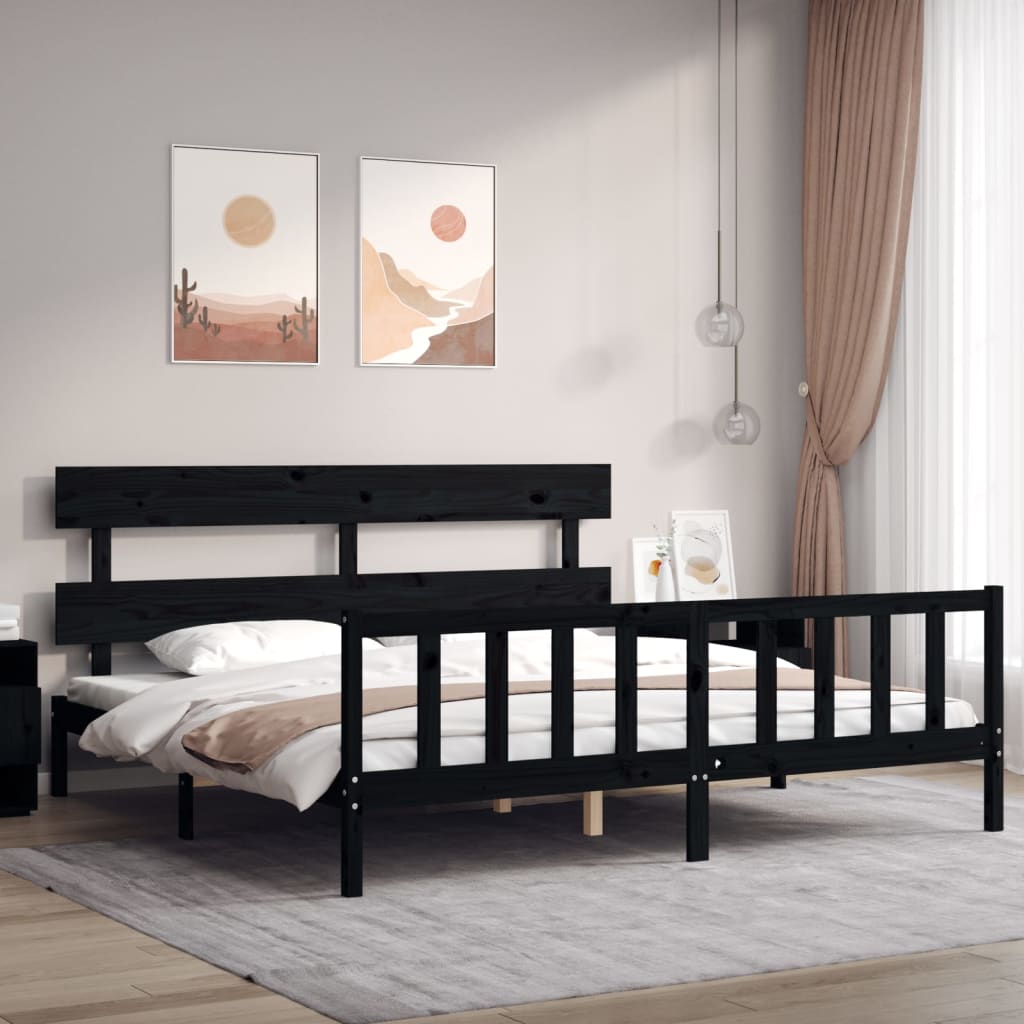 Bed Frame without Mattress Black Super King Size Solid Wood Pine