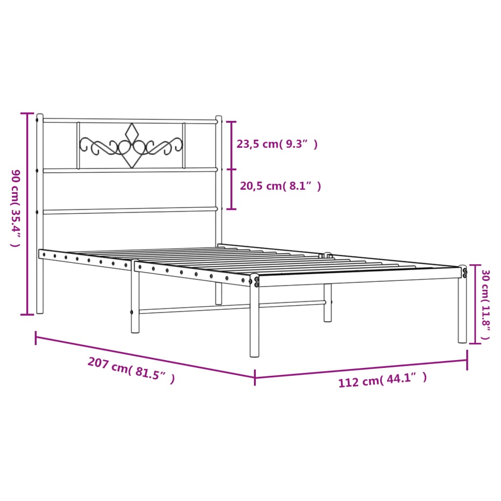 Metal Bed Frame without Mattress with Headboard Black 107x203cm