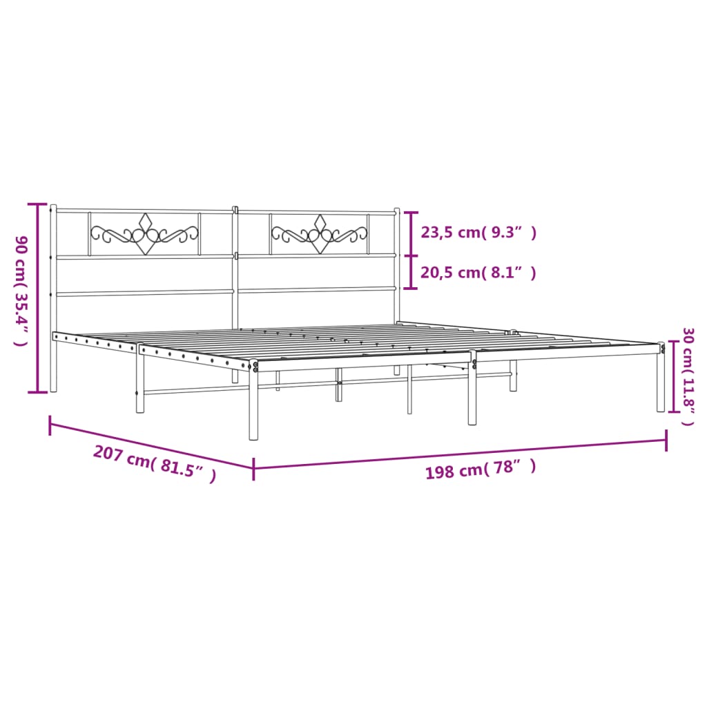 Metal Bed Frame without Mattress with Headboard Black 193x203cm
