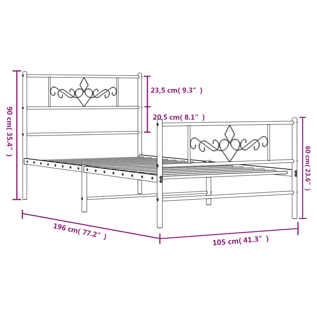 Metal Bed Frame without Mattress with Footboard Black 100x190cm