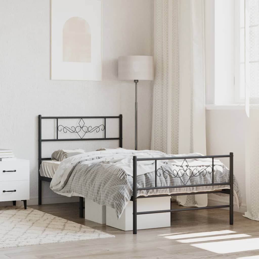 Metal Bed Frame without Mattress with Footboard Black 107x203cm