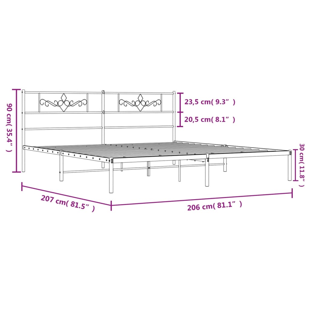 Metal Bed Frame without Mattress with Headboard White 200x200cm