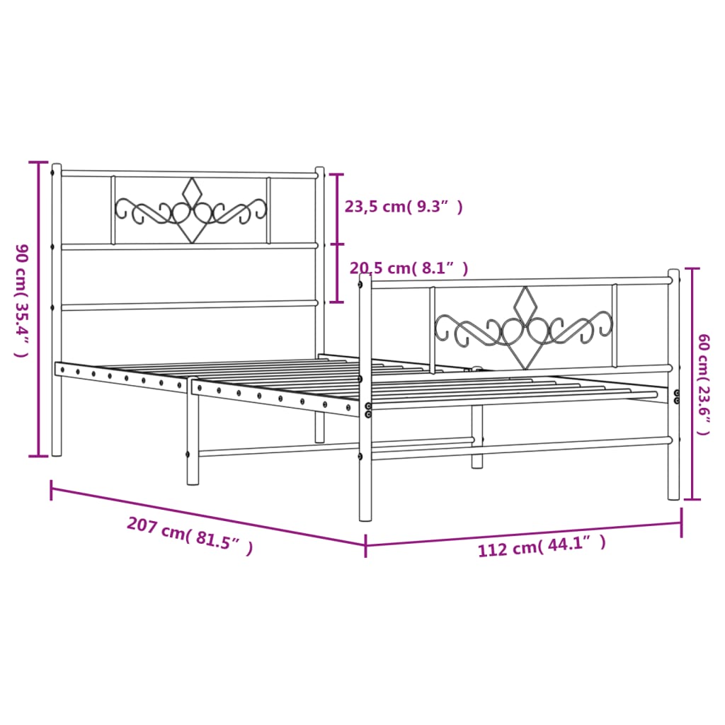 Metal Bed Frame without Mattress with Footboard White 107x203cm