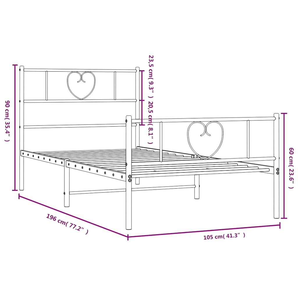 Metal Bed Frame without Mattress with Footboard White 100x190cm