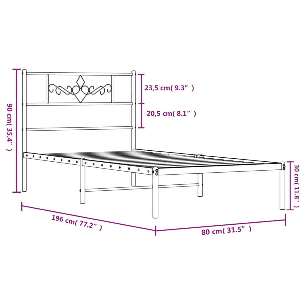 Metal Bed Frame without Mattress with Headboard Black 75x190cm