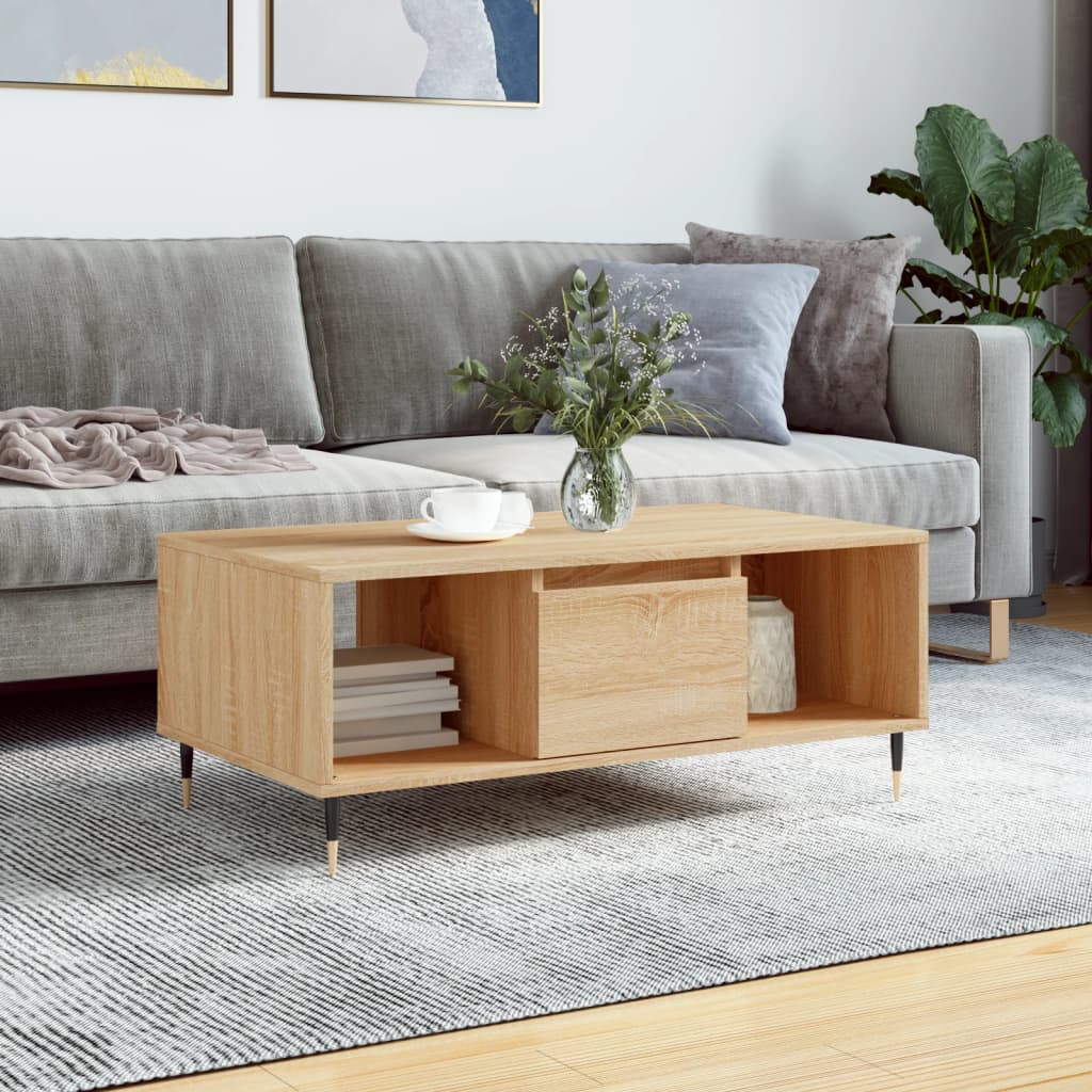 Modern Wooden Living Room Coffee Table With Drawer & Open Storage Compartments