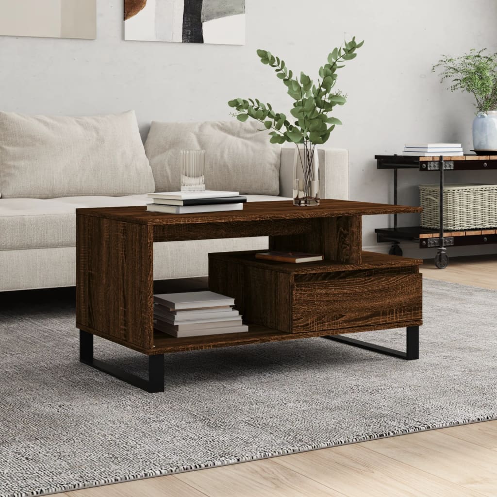 Modern Wooden Living Room Coffee Table With Open Storage & Drawer Wood