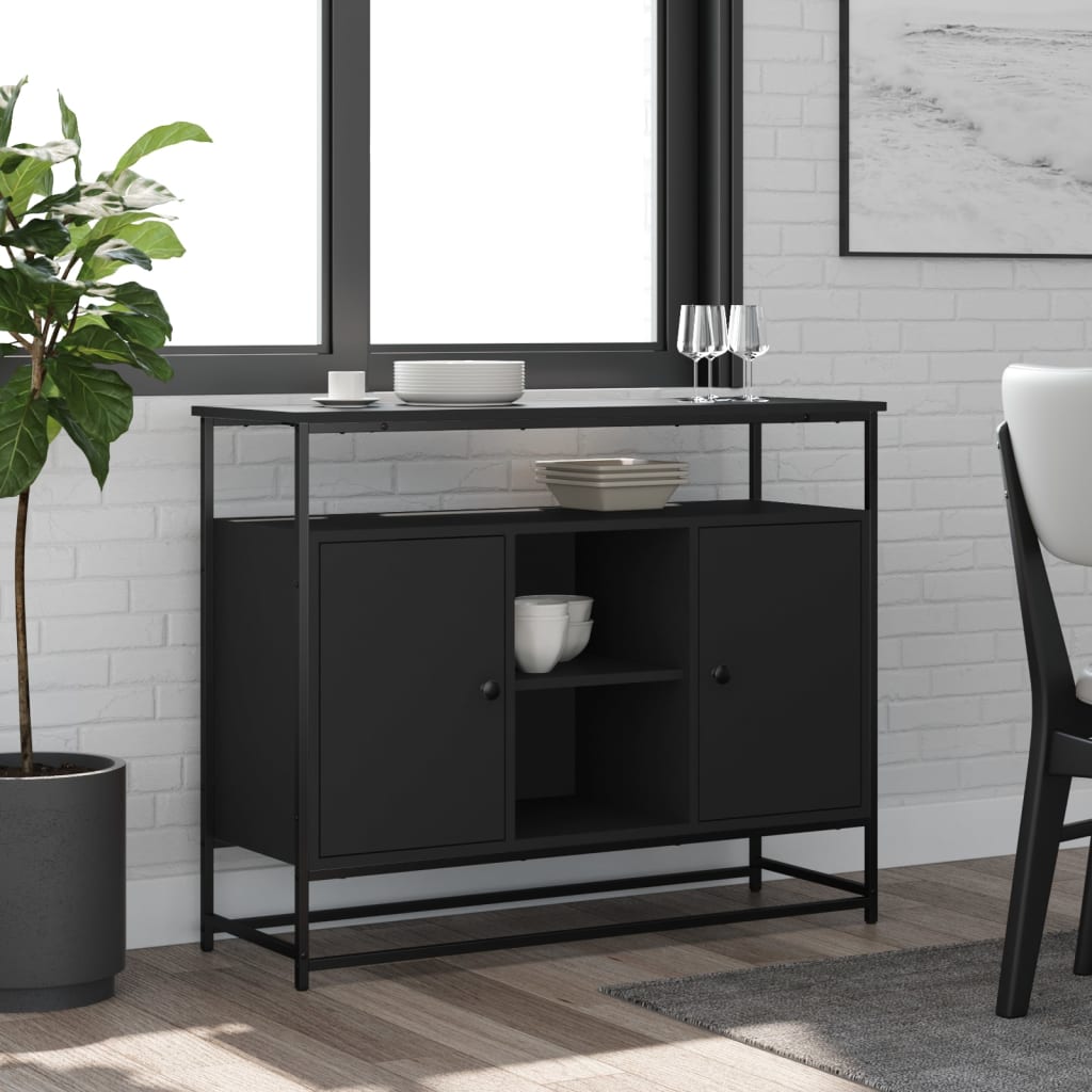 Industrial Wooden Sideboard Storage Cabinet Unit With 2 Doors & Open Shelves