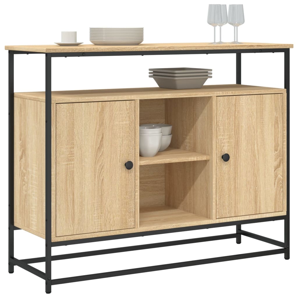 Industrial Wooden Sideboard Storage Cabinet Unit With 2 Doors & Open Shelves
