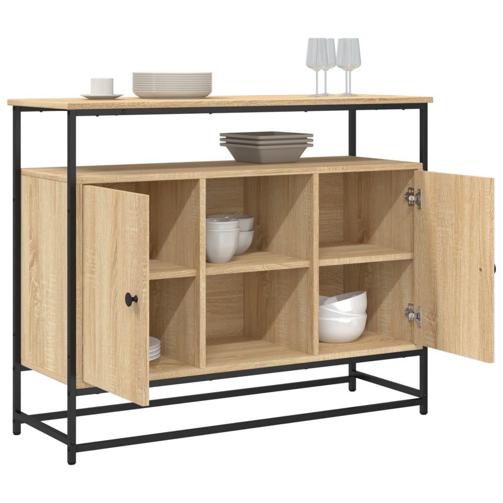 Industrial Wooden Sideboard Storage Cabinet Unit With 2 Doors & Open Shelves