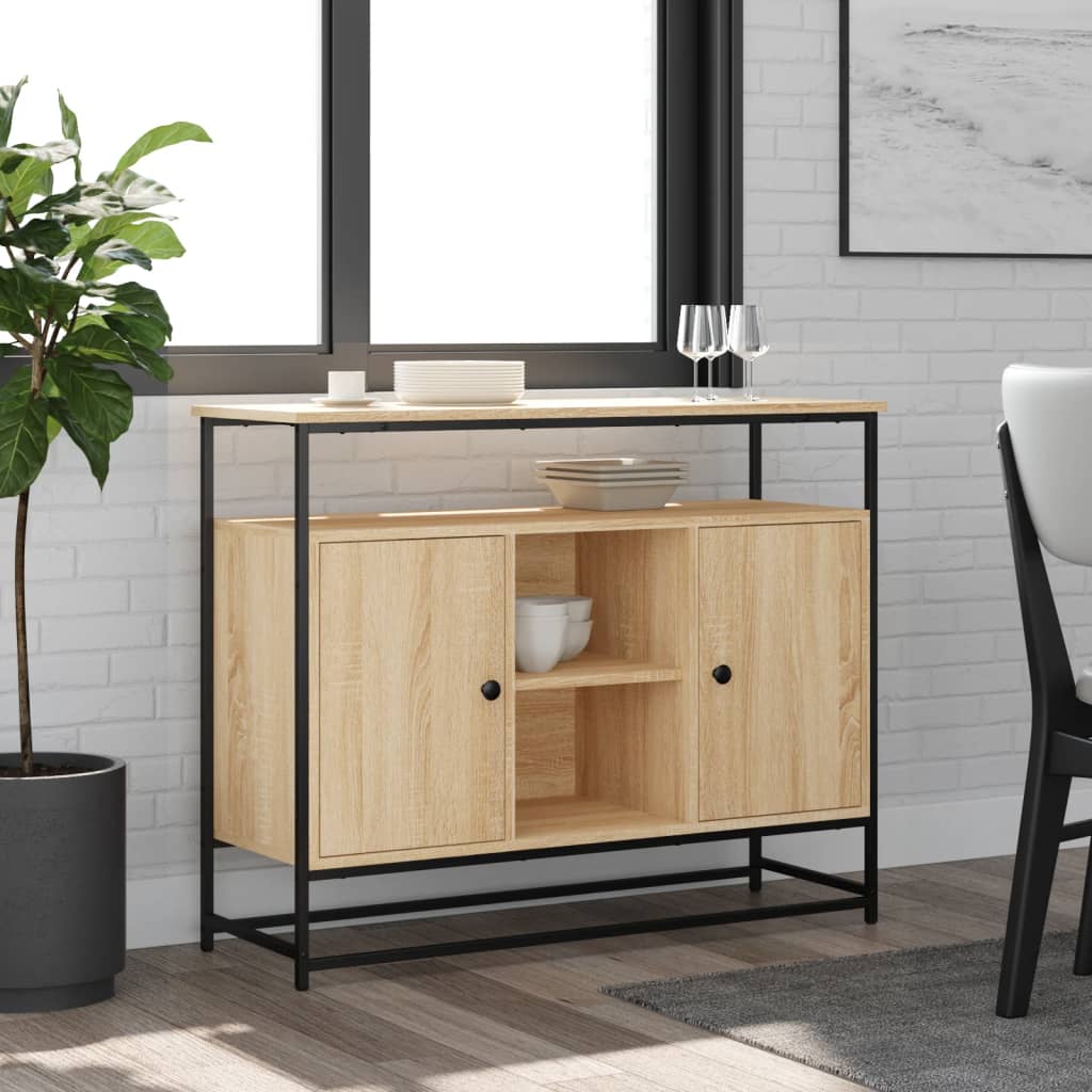 Industrial Wooden Sideboard Storage Cabinet Unit With 2 Doors & Open Shelves