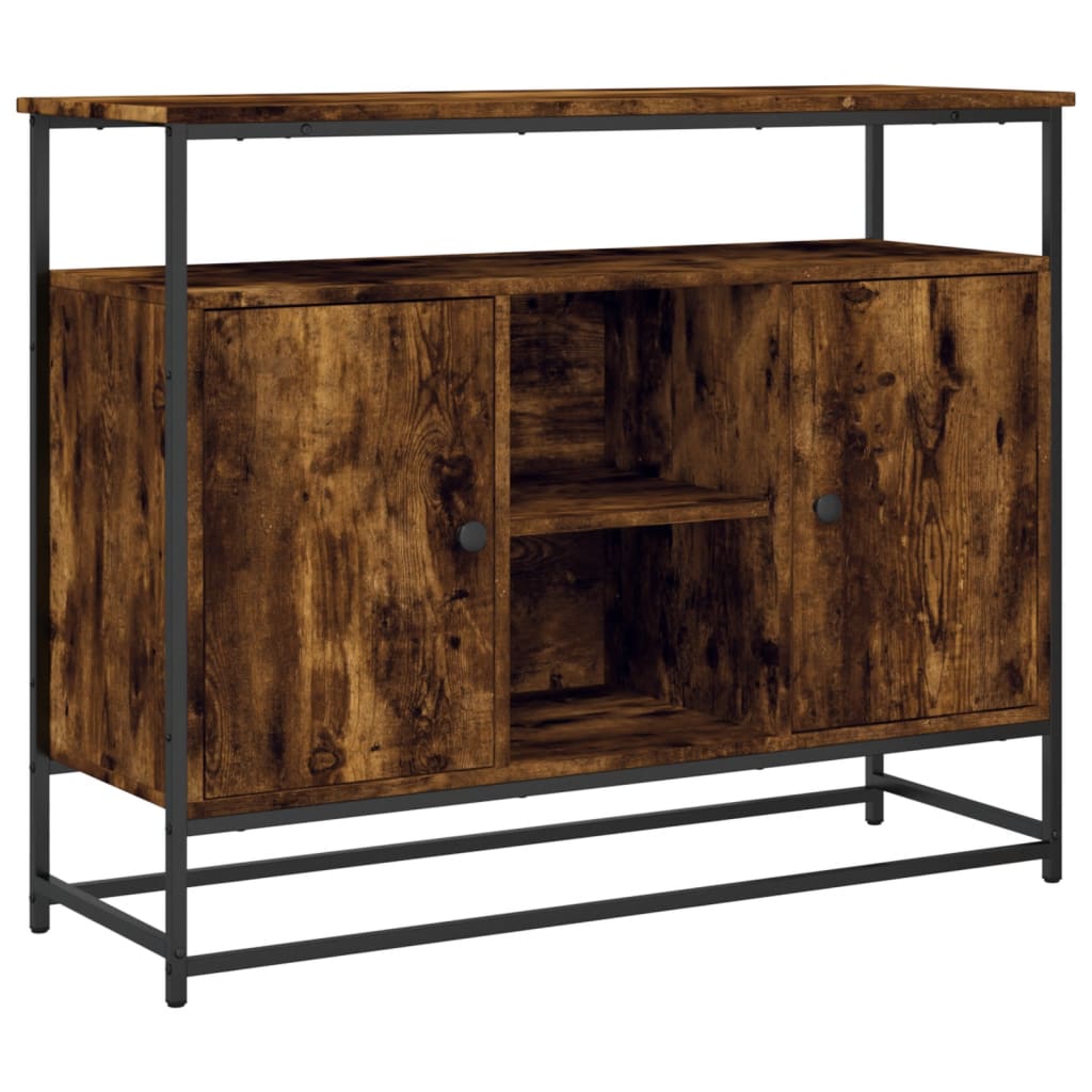 Industrial Wooden Sideboard Storage Cabinet Unit With 2 Doors & Open Shelves