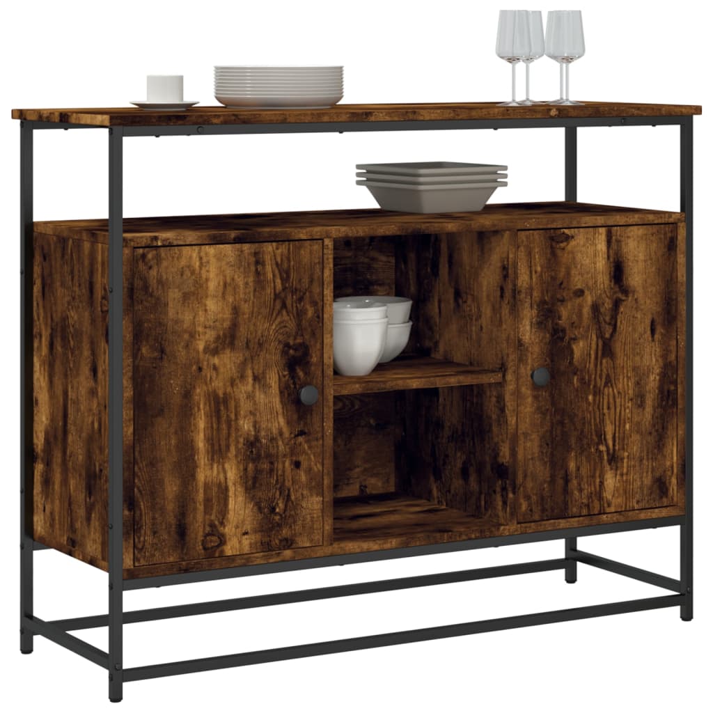 Industrial Wooden Sideboard Storage Cabinet Unit With 2 Doors & Open Shelves