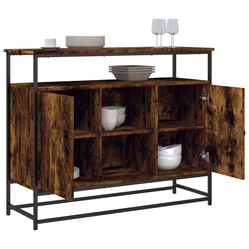 Industrial Wooden Sideboard Storage Cabinet Unit With 2 Doors & Open Shelves