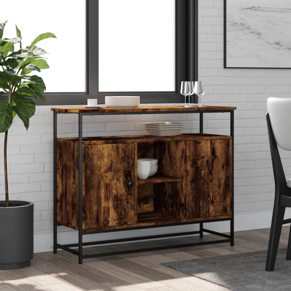 Industrial Wooden Sideboard Storage Cabinet Unit With 2 Doors & Open Shelves