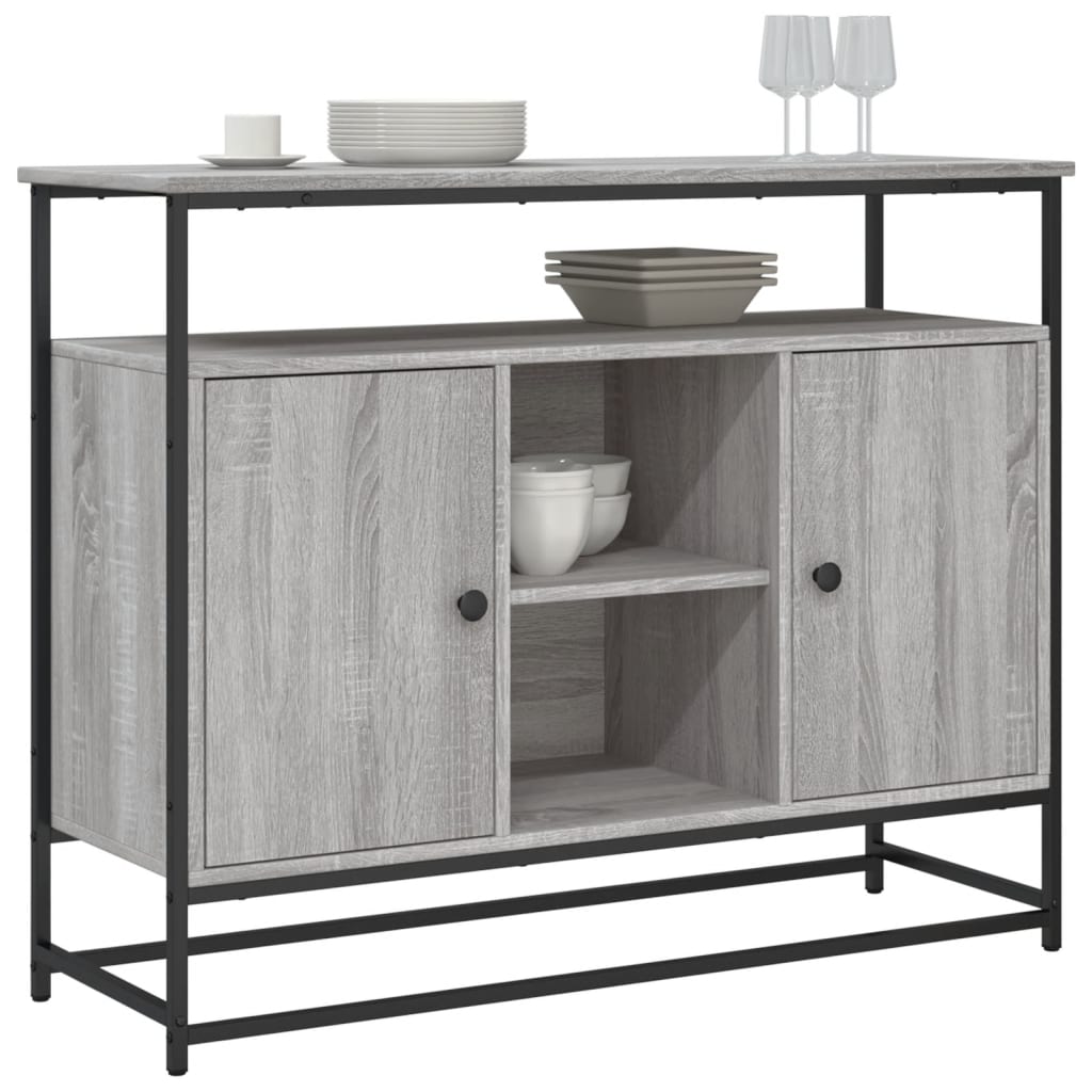 Industrial Wooden Sideboard Storage Cabinet Unit With 2 Doors & Open Shelves