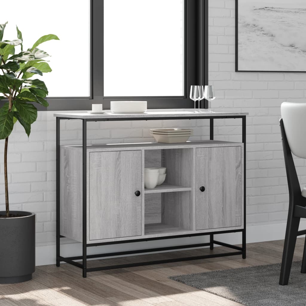 Industrial Wooden Sideboard Storage Cabinet Unit With 2 Doors & Open Shelves
