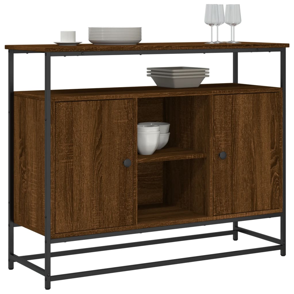 Industrial Wooden Sideboard Storage Cabinet Unit With 2 Doors & Open Shelves