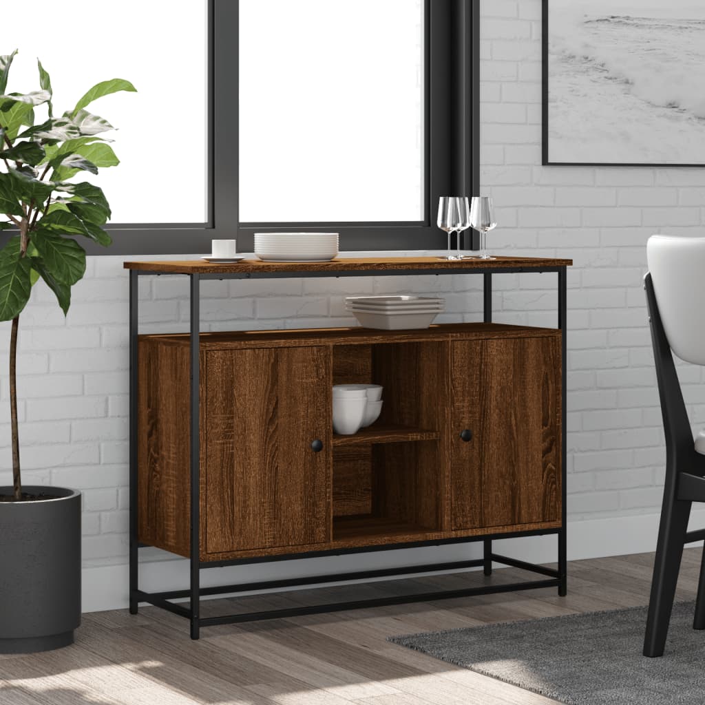 Industrial Wooden Sideboard Storage Cabinet Unit With 2 Doors & Open Shelves