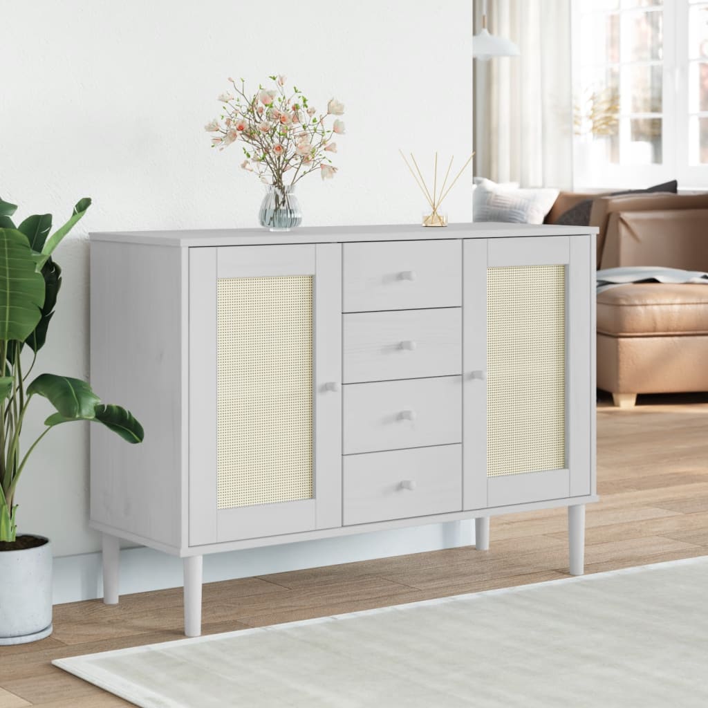 Sideboard SENJA Rattan Look White 112x40x80 cm Solid Wood Pine