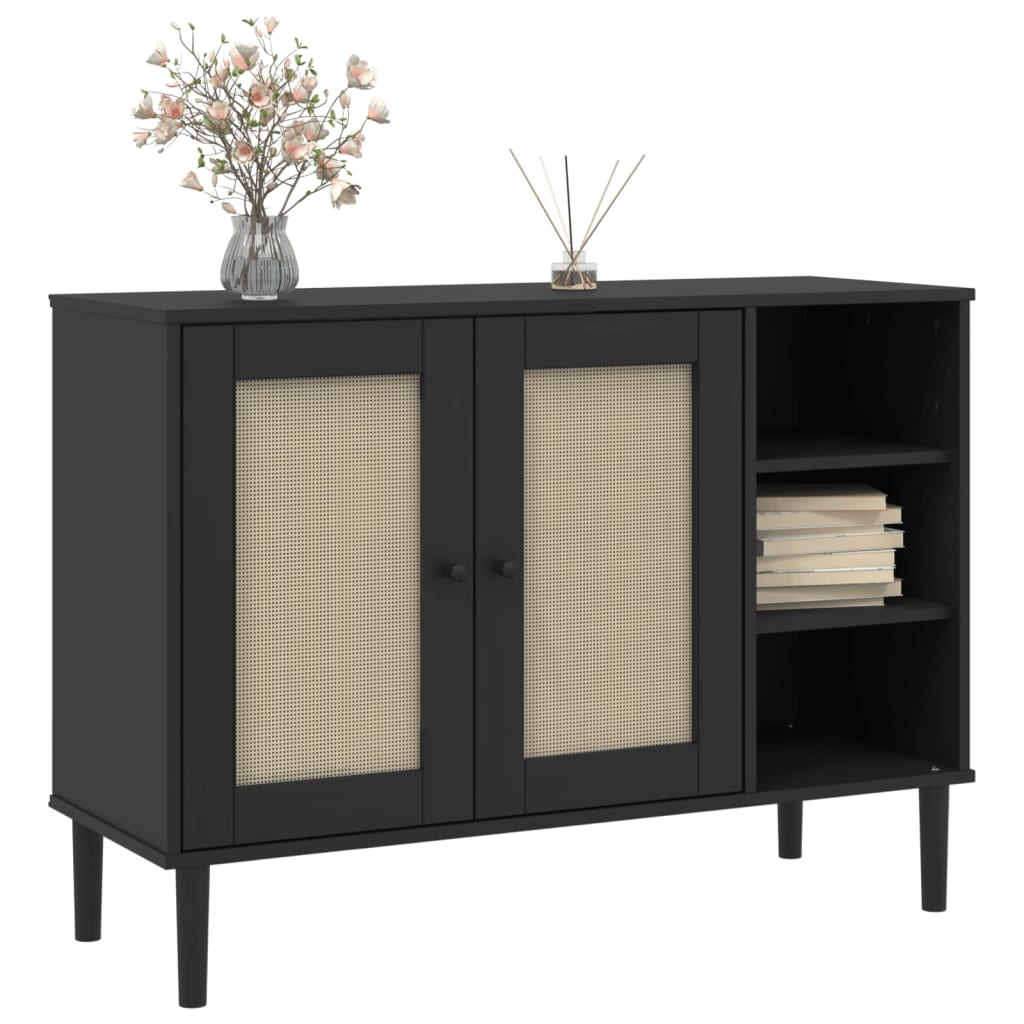 Sideboard SENJA Rattan Look Black 112x40x80cm Solid Wood Pine
