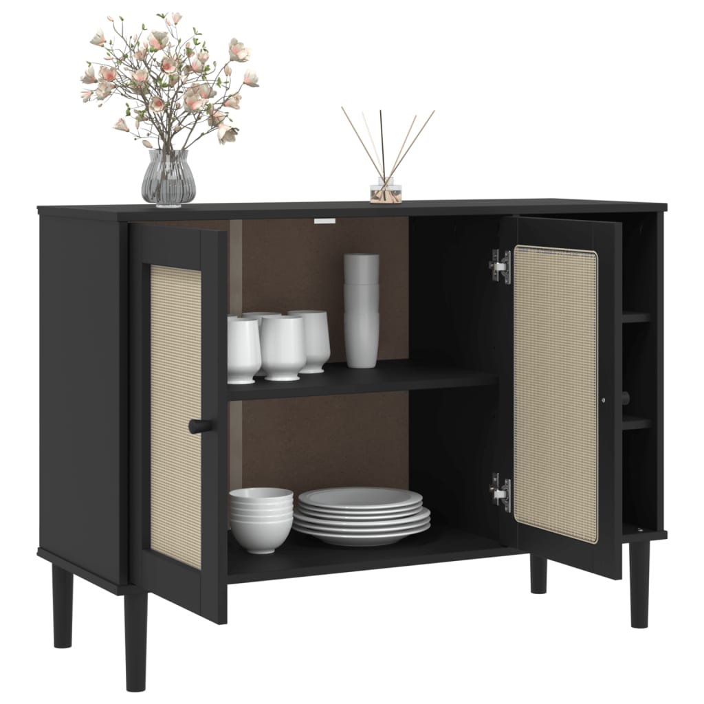 Sideboard SENJA Rattan Look Black 112x40x80cm Solid Wood Pine
