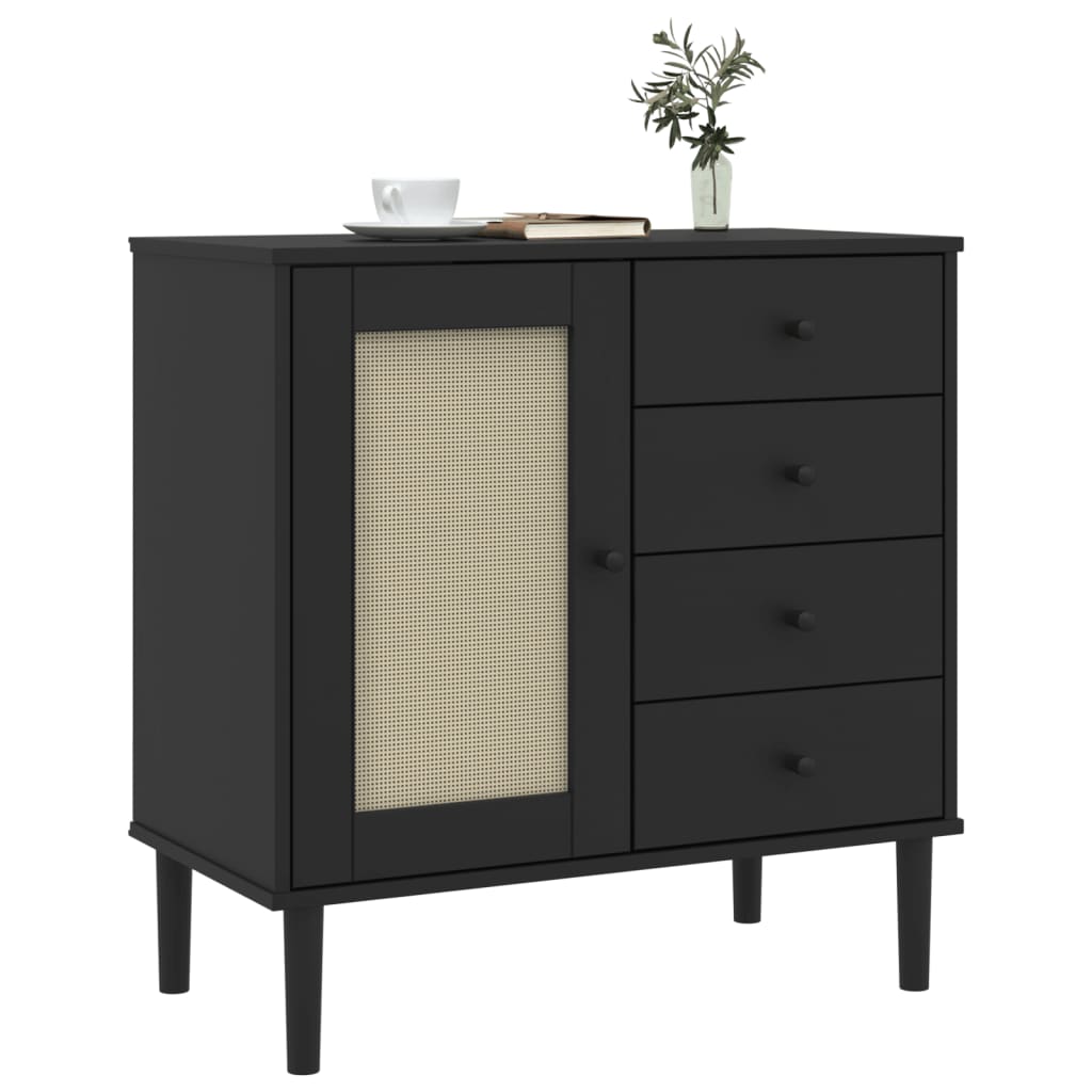 Sideboard SENJA Rattan Look Black 80x40x80 cm Solid Wood Pine