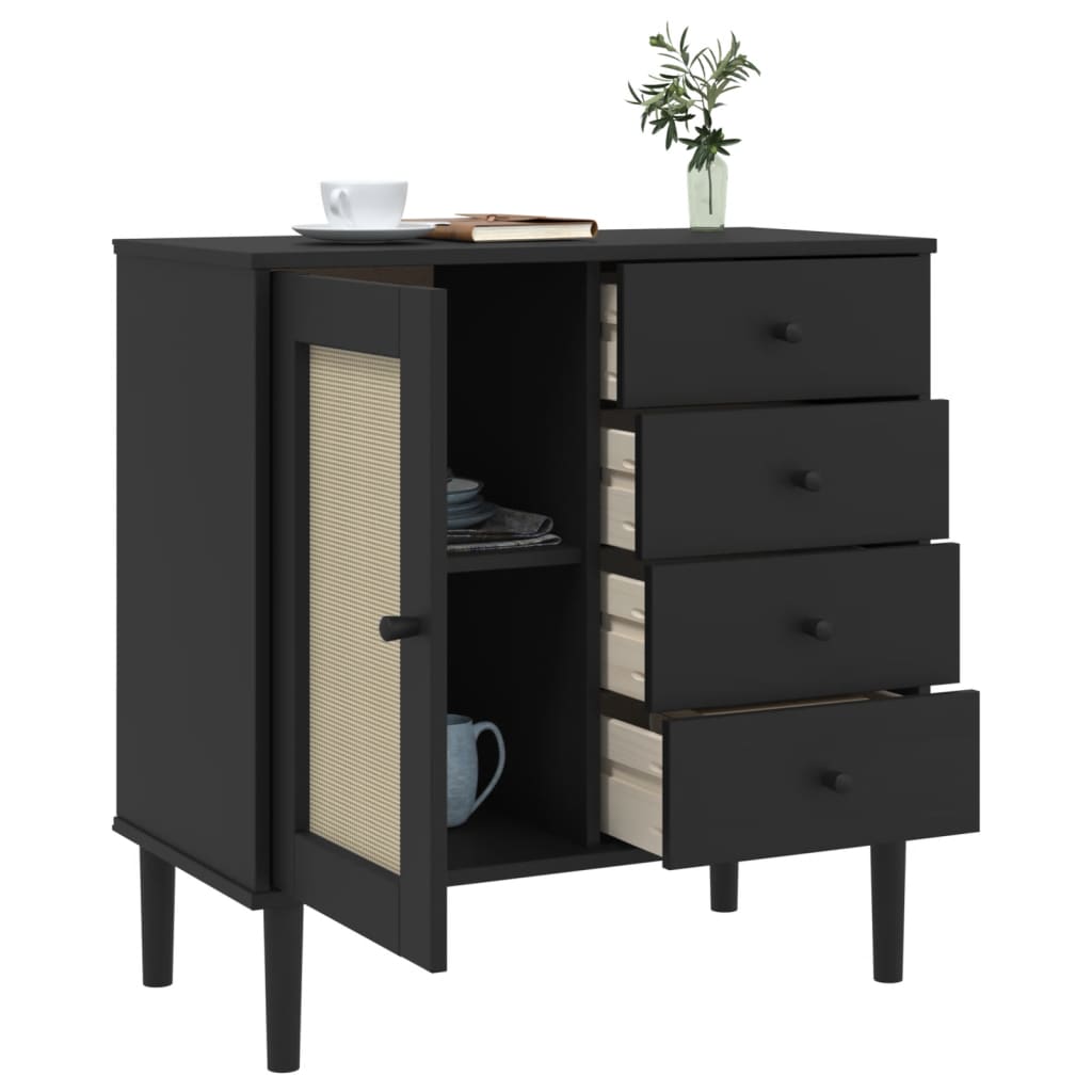 Sideboard SENJA Rattan Look Black 80x40x80 cm Solid Wood Pine