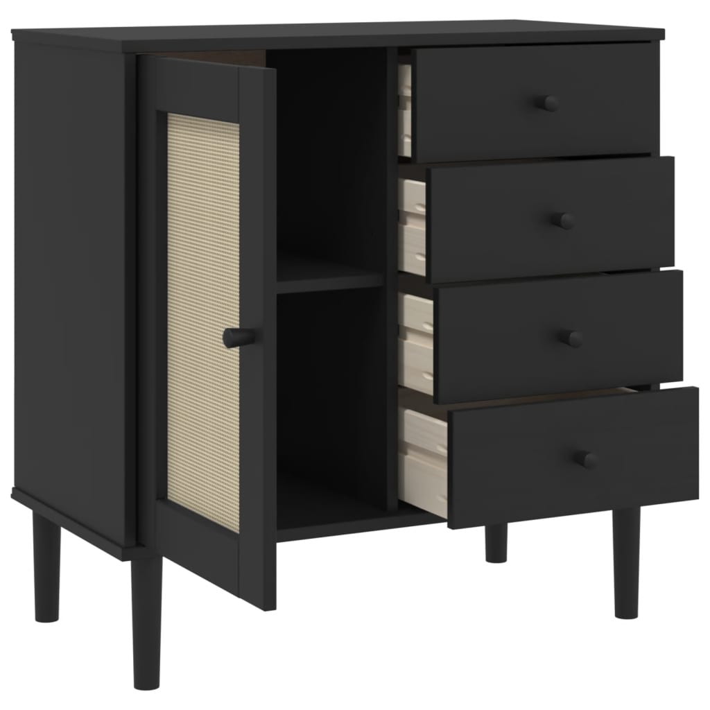 Sideboard SENJA Rattan Look Black 80x40x80 cm Solid Wood Pine