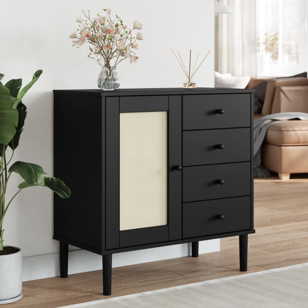 Sideboard SENJA Rattan Look Black 80x40x80 cm Solid Wood Pine