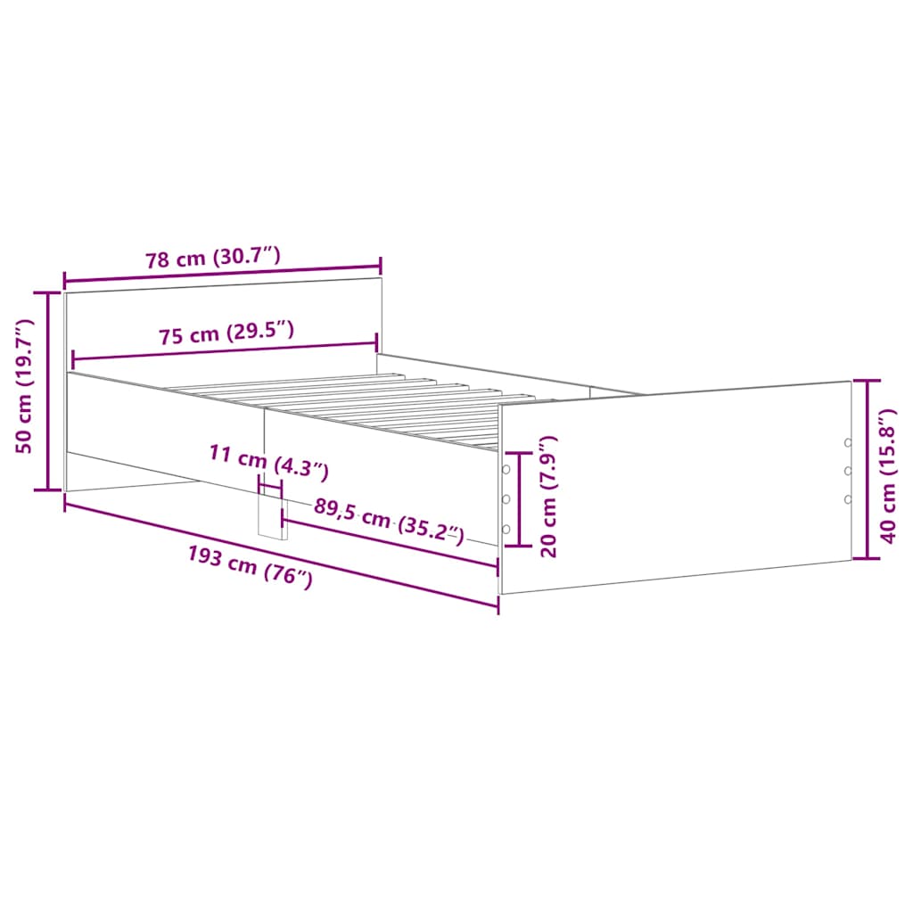 Bed Frame without Mattress Grey Sonoma 75x190 cm Small Single  Engineered Wood