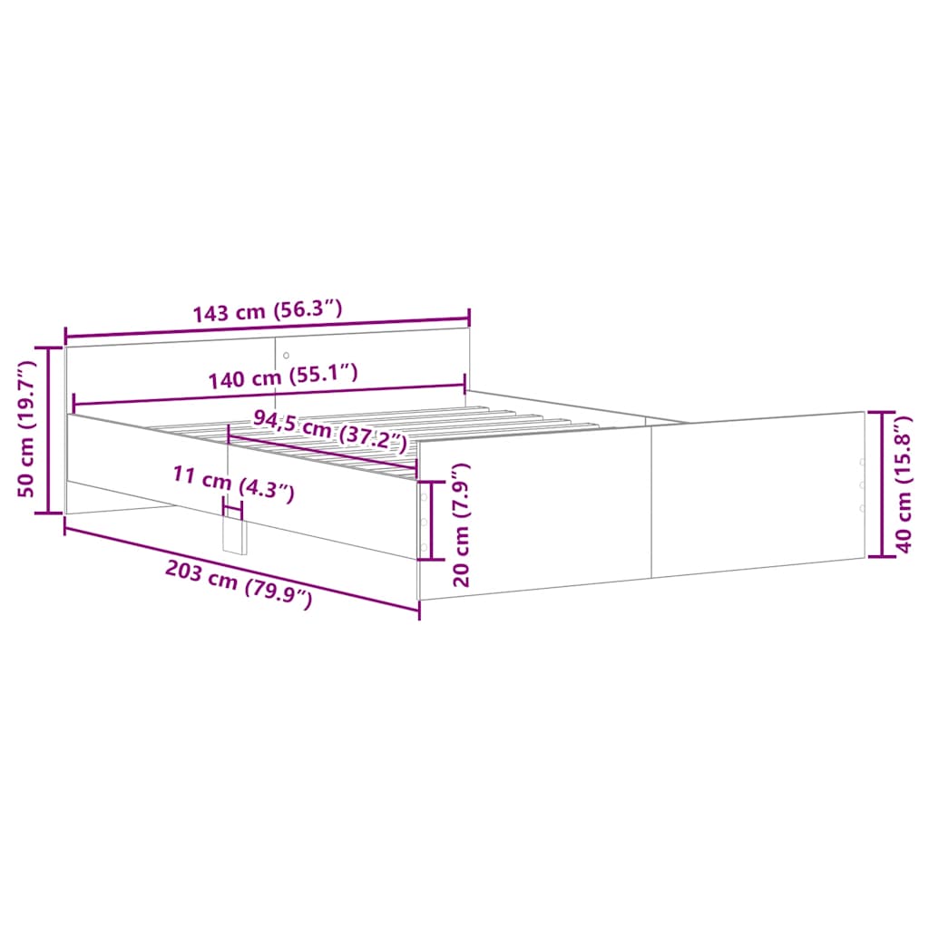 Bed Frame without Mattress Grey Sonoma 140x200 cm