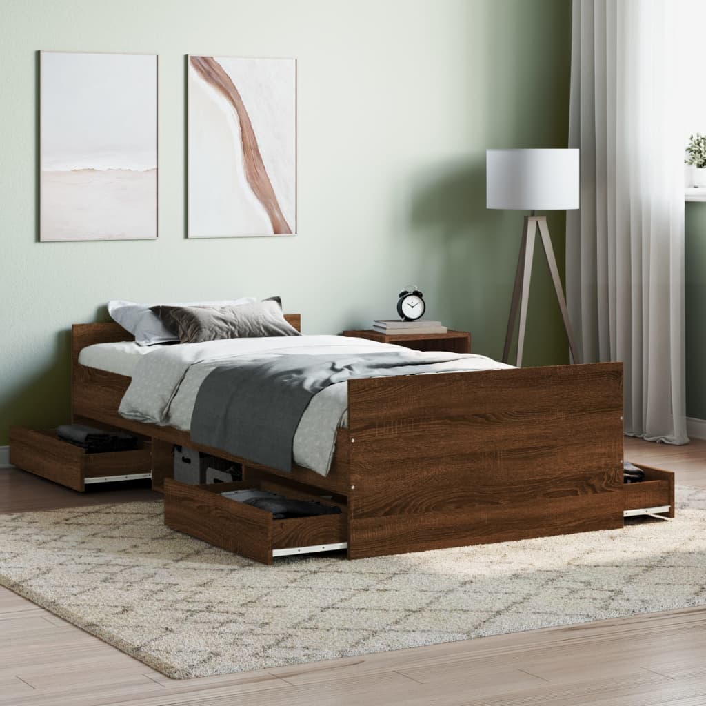 Modern Wooden Single Size 90cm Bed Frame Base With Storage Drawers Wood Beds