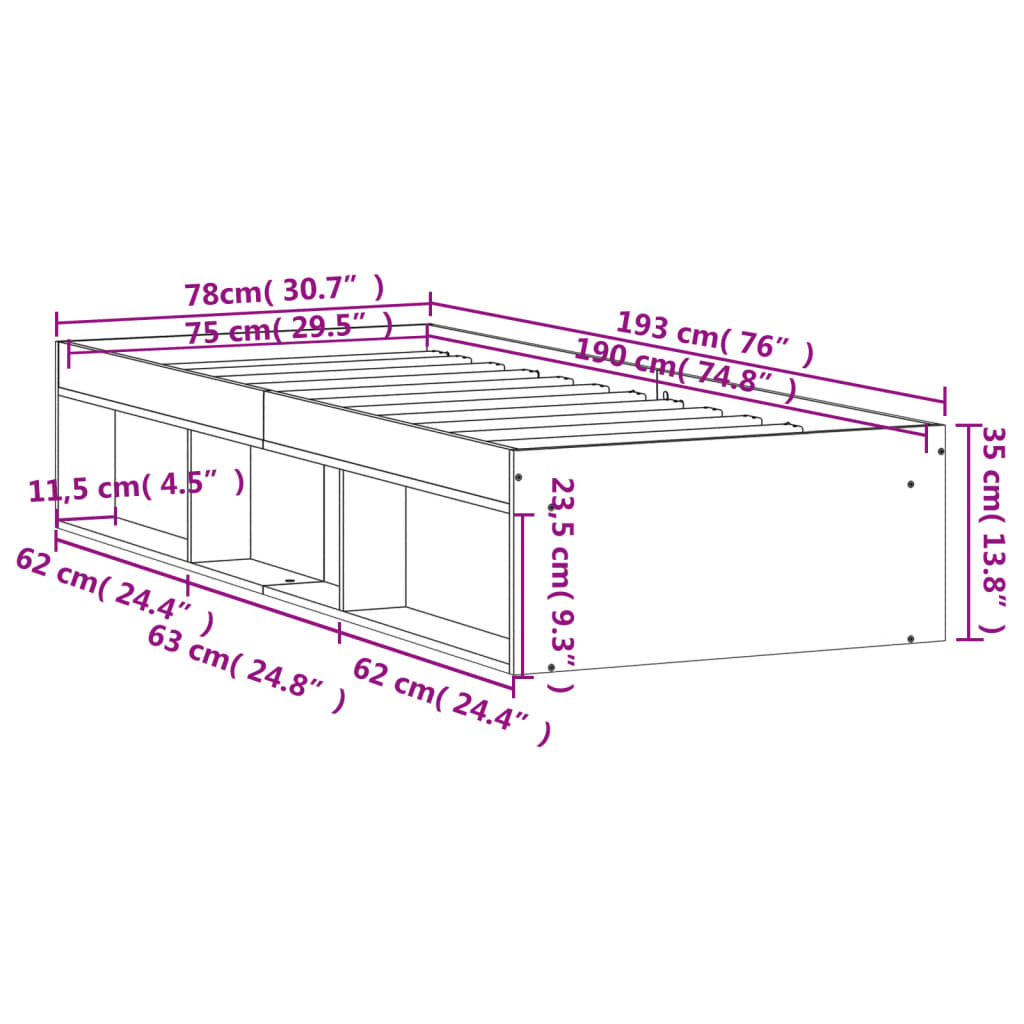Bed Frame without Mattress Brown Oak 75x190 cm Small Single Small Single