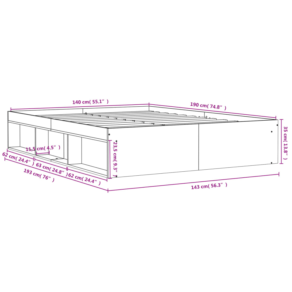 Bed Frame without Mattress Grey Sonoma 140x190 cm