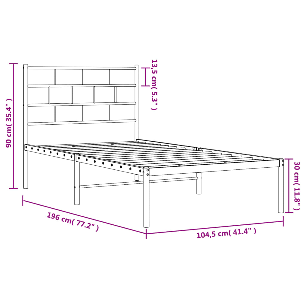 Metal Bed Frame without Mattress with Headboard Black 100x190cm