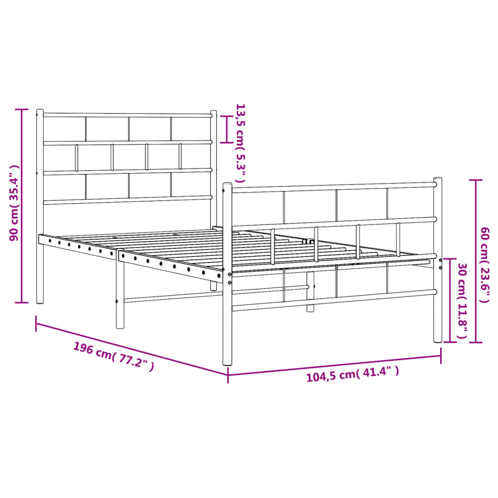 Metal Bed Frame without Mattress with Footboard White 100x190cm