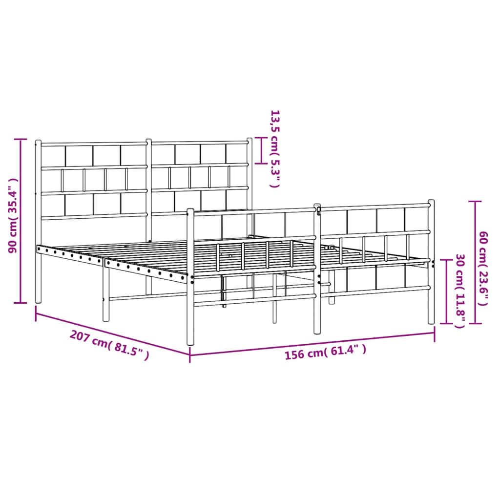 Metal Bed Frame without Mattress with Footboard White 150x200cm